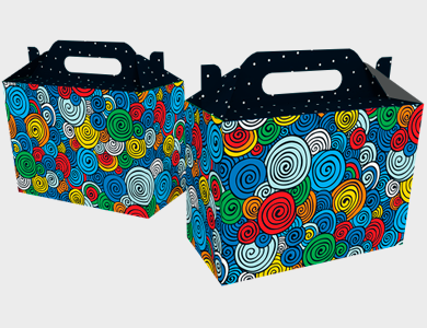 ESP002 - Caixa de Presente Extra Pequena com Alça Modelo Espiral Couchê 300g Verniz Total Frente 18,9x9x13,5cm - 4x0 - 50 unid